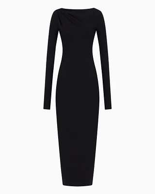 Stretch wool-blend midi sheath dress with draping