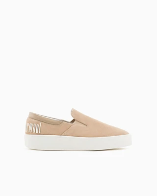 Velour leather slip-ons with macro logo