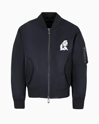 Shiny nylon bomber jacket with French bulldog embroidery