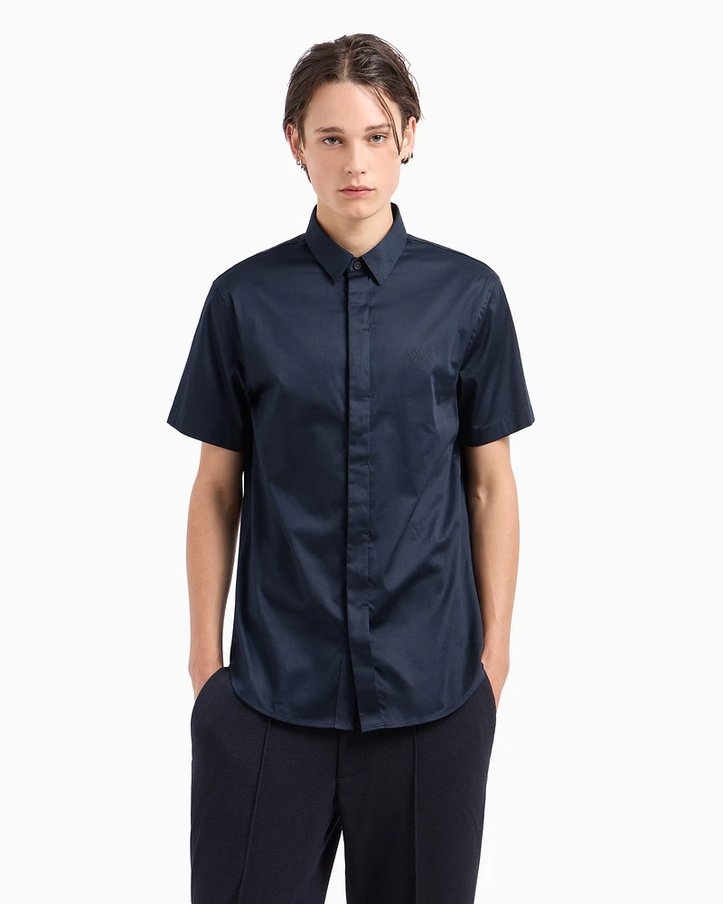 Armani Exchange - Slim fit short sleeve shirt stretch satin, Man, Navy_blue, Size: