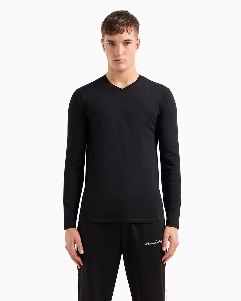 Armani Exchange - Pima Cotton Long Sleeve V-Neck T-Shirt, Man, Black, Size: