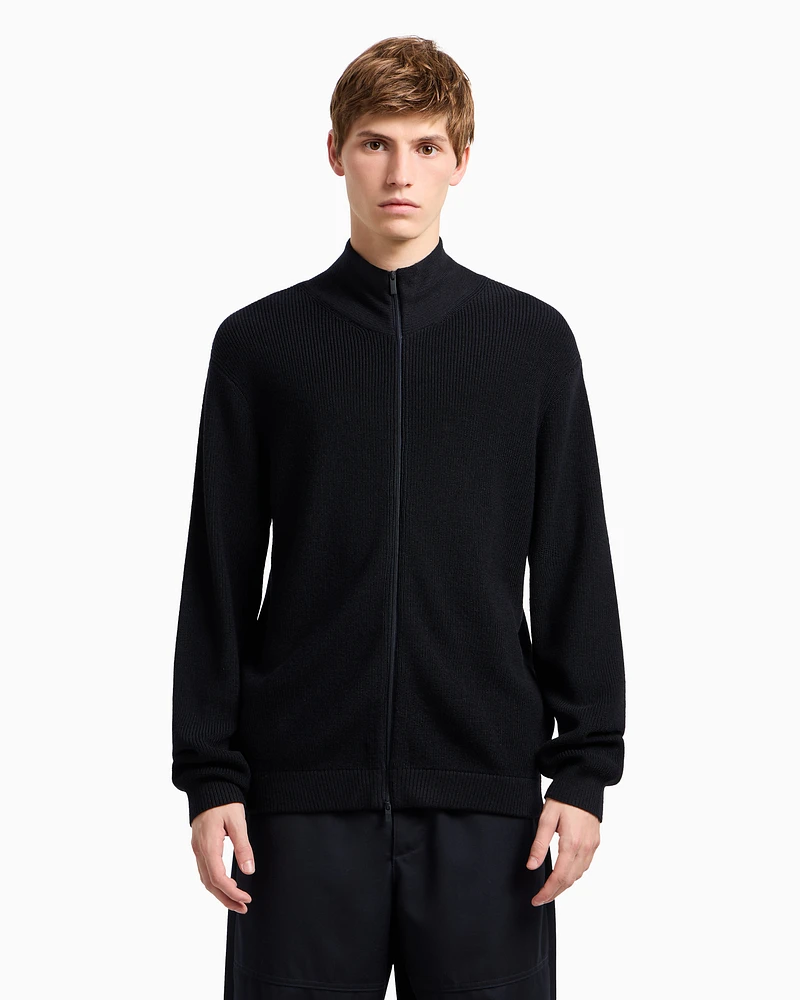 Armani Exchange - Full zip cardigan cotton and wool blend with ribs, Man, Navy Blue, Size:
