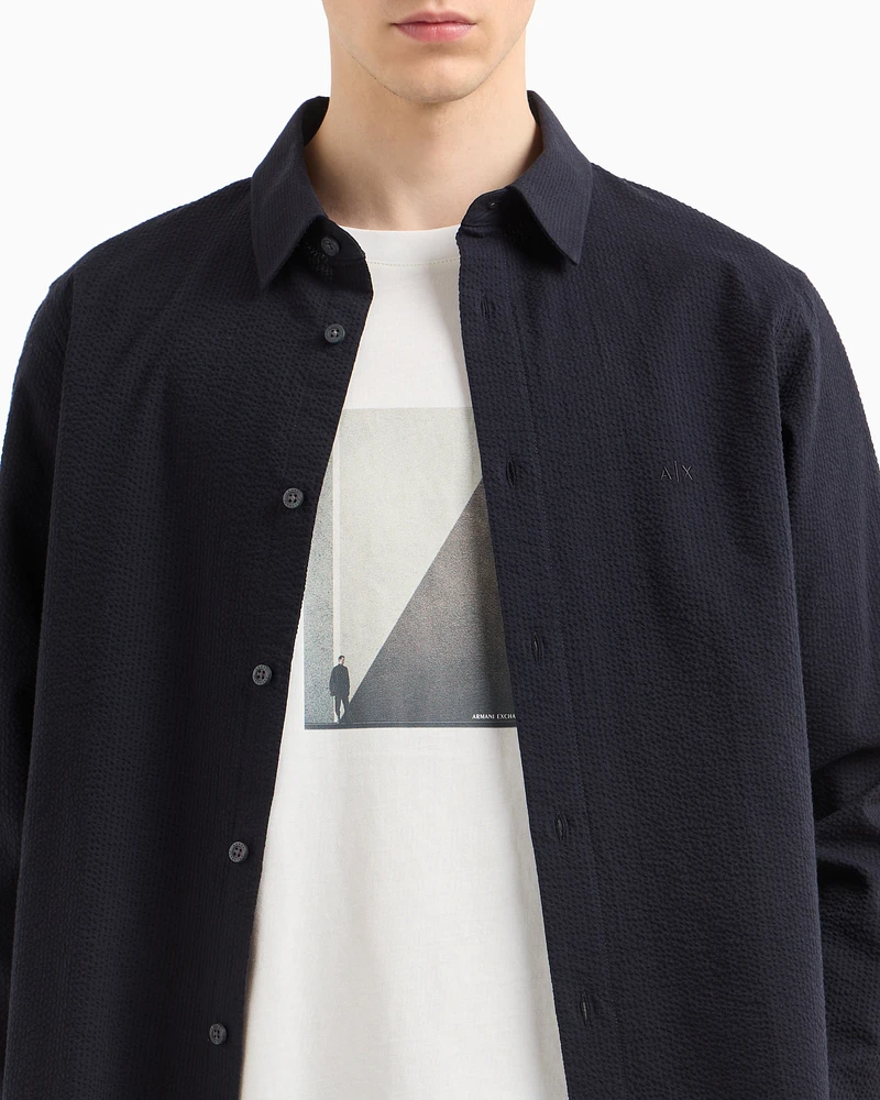 Armani Exchange - Regular fit seersucker shirt, Man, Navy Blue, Size: