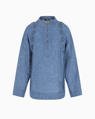 Emporio Armani - Mélange linen blend blouse with guru collar and tie details, Woman, Blue, Size: