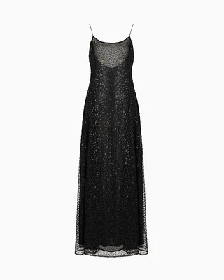 Emporio Armani - Long tulle dress with all-over micro-sequin and jet embroidery, Woman, Black, Size: