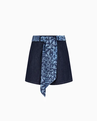 Emporio Armani - J77 high-rise denim shorts with a printed sash, Woman, Blue, Size:
