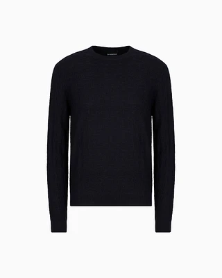 Emporio Armani - Wool and Lyocell-blend jumper a tuck stitch, Man, Navy_blue, Size: