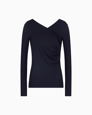 Emporio Armani - Stretch jersey jumper with gathering detail, Woman, Navy Blue, Size: