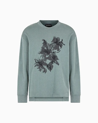 Emporio Armani - ASV French terry jersey sweatshirt with print and floral embroidery, Man, Green, Size: