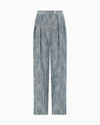 Emporio Armani - Pinstriped denim-effect linen and cotton blend trousers with pleats, Woman, Blue, Size: