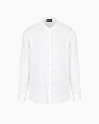 Emporio Armani - Linen chambray shirt with guru collar, Man, White, Size: