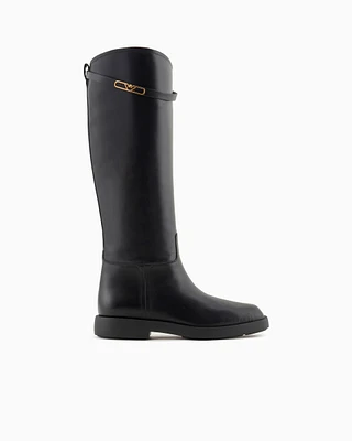 Emporio Armani - Leather boots with Icon logo strap, Woman, Black, Size:
