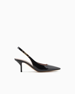 Emporio Armani - Patent-leather slingback court shoes with eagle plate, Woman, Black, Size: