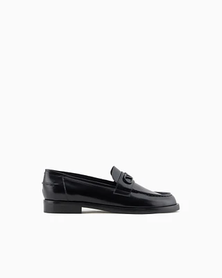 Emporio Armani - Brushed leather loafers with eagle plate, Woman, Black, Size: