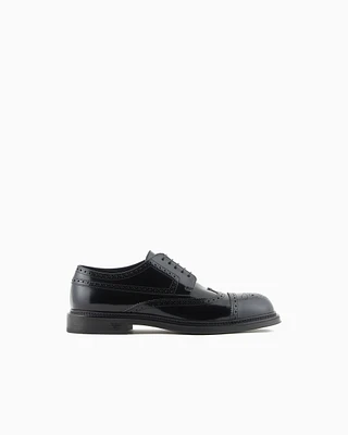 Emporio Armani - Brushed leather Derby shoes with wingtip perforations, Man, Black, Size: