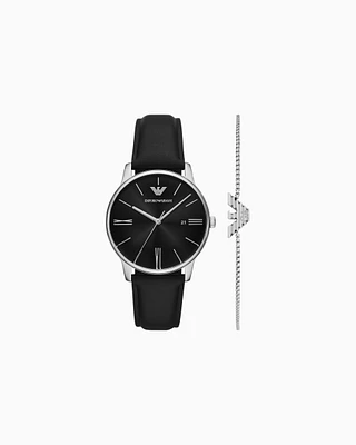 Emporio Armani -  Three-Hand Date Black Leather Watch and Bracelet Set, Man, Multicoloured, Size: TU