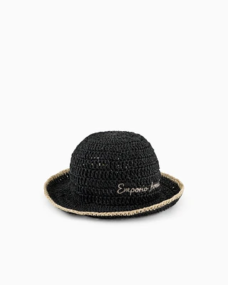 Emporio Armani - Braided paper yarn cloche hat with logo, Unisex, Black, Size: