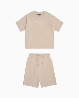 Emporio Armani - T-shirt and Bermuda shorts set with oversized eagle logo, Boy, Beige, Size: