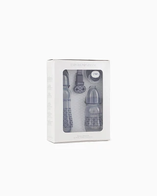 Emporio Armani - Infant-care set with two bottles, dummy and clip-on drawstring, Boy, Blue, Size: TU