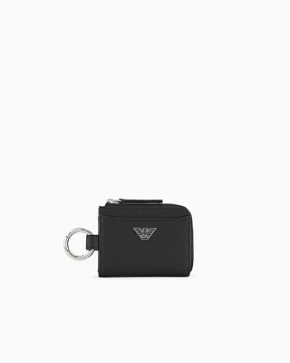 Emporio Armani - ASV regenerated Saffiano leather compact wallet with eagle plate and snap hook, Man, Black, Size: TU