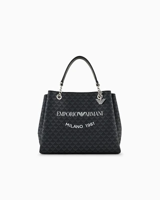 Emporio Armani - All-over eagle handbag with Milano 1981 logo print, Woman, Black, Size: TU
