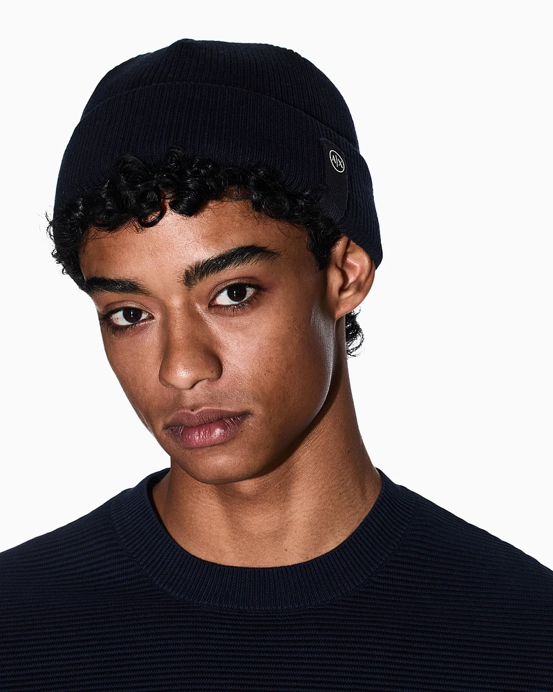 Armani Exchange - Wool and cotton blend beanie hat, Man, Navy_blue, Size: TU
