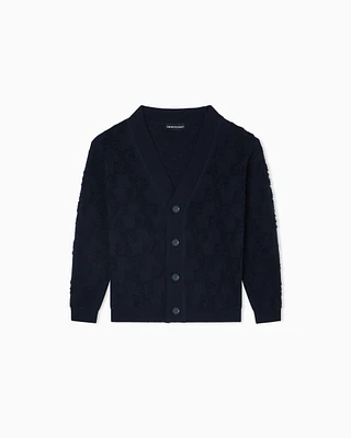 Emporio Armani - Wool-blend V-neck cardigan with 3D-effect embossed logo lettering, Boy, Navy Blue, Size: 6A