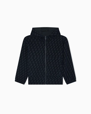 Emporio Armani - Oversized sweatshirt with a zip and hood, interlock jersey an all-over flocked EA logo, Boy, Navy_blue, Size: