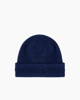 Emporio Armani - Virgin wool-blend beanie with logo, Boy, Blue, Size: