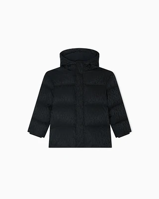 Emporio Armani - ASV jacquard nylon hooded down jacket with all-over logo, Boy, Navy Blue, Size: 5A