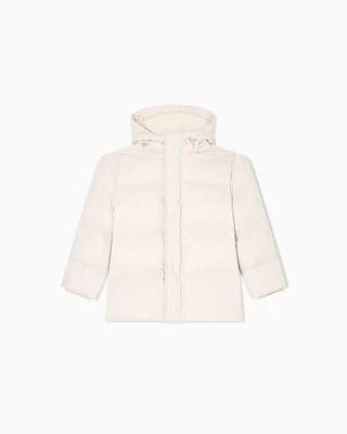 Emporio Armani - ASV jacquard nylon hooded down jacket with all-over logo, Boy, Beige, Size: