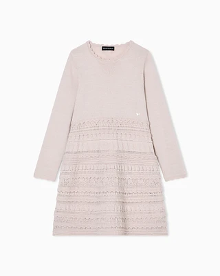 Emporio Armani - Wool-blend knit dress with micro ruffles, Girl, Beige, Size: