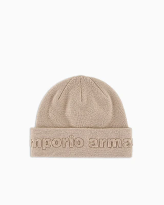 Emporio Armani - Virgin wool-blend beanie with logo, Boy, Beige, Size:
