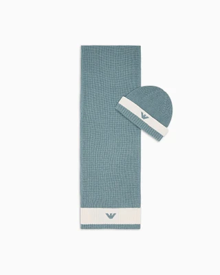 Emporio Armani - Wool-blend beanie and scarf set, Girl, Light_blue, Size: