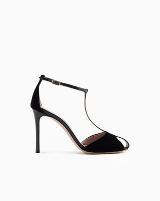 Emporio Armani - Velvet and patent-leather T-bar heeled sandals, Woman, Black, Size: