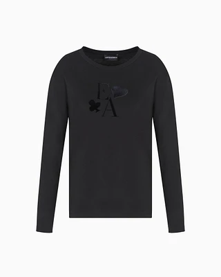 Emporio Armani - ASV organic-jersey long-sleeved T-shirt with a flocked logo print, Woman, Black, Size: