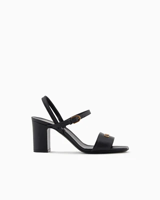 Emporio Armani - Nappa-leather heeled sandals with eagle plate, Woman, Black, Size: