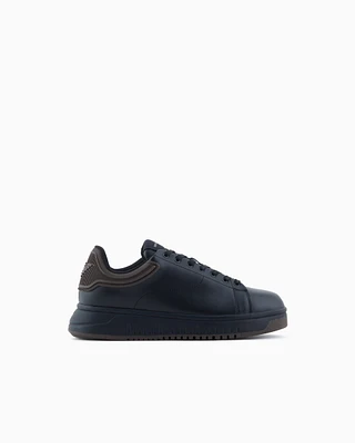 Emporio Armani - Leather sneakers with rubber back knurled sole, Man, Brown, Size: