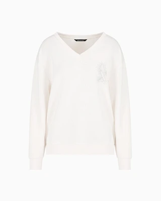 Armani Exchange - V-neck sweatshirt with rhinestone logo, Woman, White, Size: