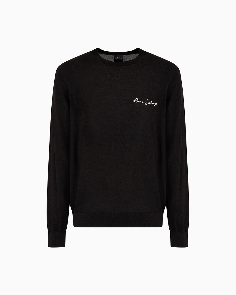 Armani Exchange - Wool blend crew neck sweater with chest logo, Man, Black, Size: