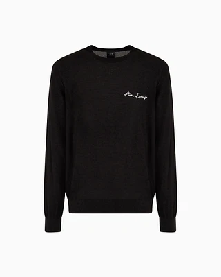 Armani Exchange - Wool blend crew neck sweater with chest logo, Man, Black, Size: