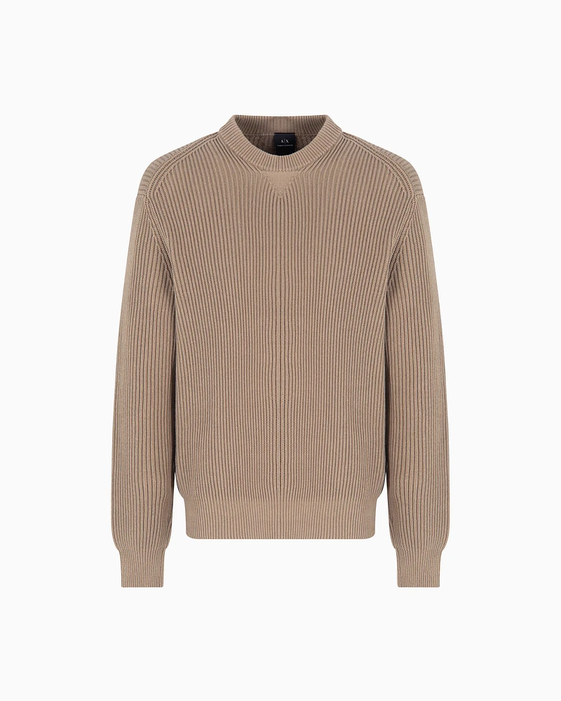 Armani Exchange - Ribbed cotton crew neck sweater, Man, Beige, Size: