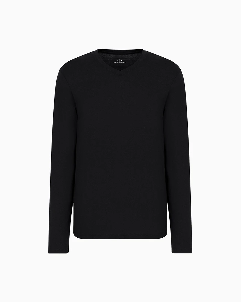 Armani Exchange - Pima Cotton Long Sleeve V-Neck T-Shirt, Man, Black, Size:
