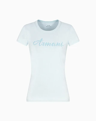 Armani Exchange - Slim fit T-shirt in stretch cotton jersey, Woman, Light Blue, Size: M