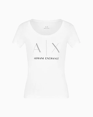 Armani Exchange - Slim fit pima cotton t-shirt with rhinestone logo, Woman, White, Size: