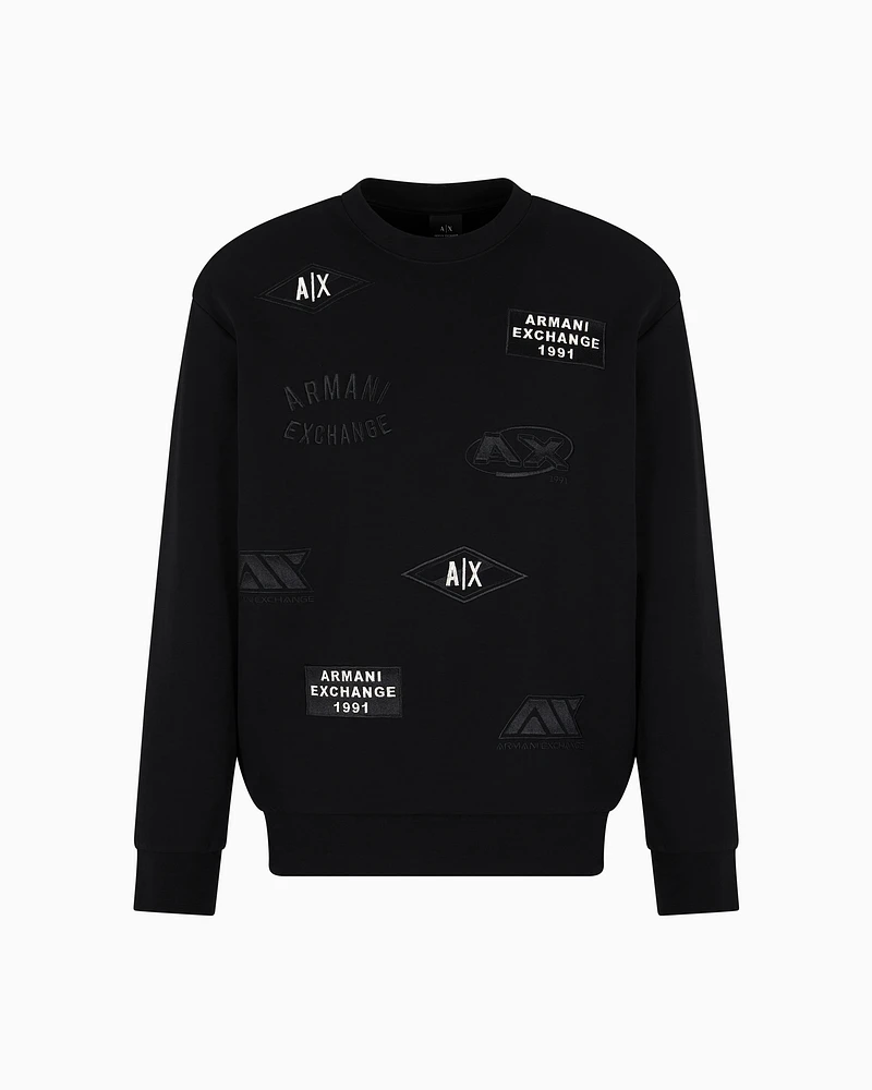 Armani Exchange - Crewneck sweatshirt with patches and logos, Man, Black, Size: XL