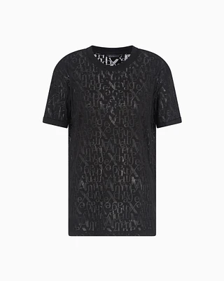 Armani Exchange -  Relaxed fit T-shirt flamed fabric with logo, Woman, Black, Size: