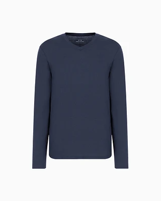 Armani Exchange - Pima Cotton Long Sleeve V-Neck T-Shirt, Man, Navy_blue, Size: