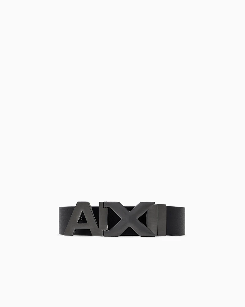Armani Exchange - Reversible leather belt with satin metal logo buckle, Man, Navy Blue, Size: