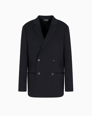 Emporio Armani - Double-breasted blazer a plain-knit wool blend, Man, Navy_blue, Size: